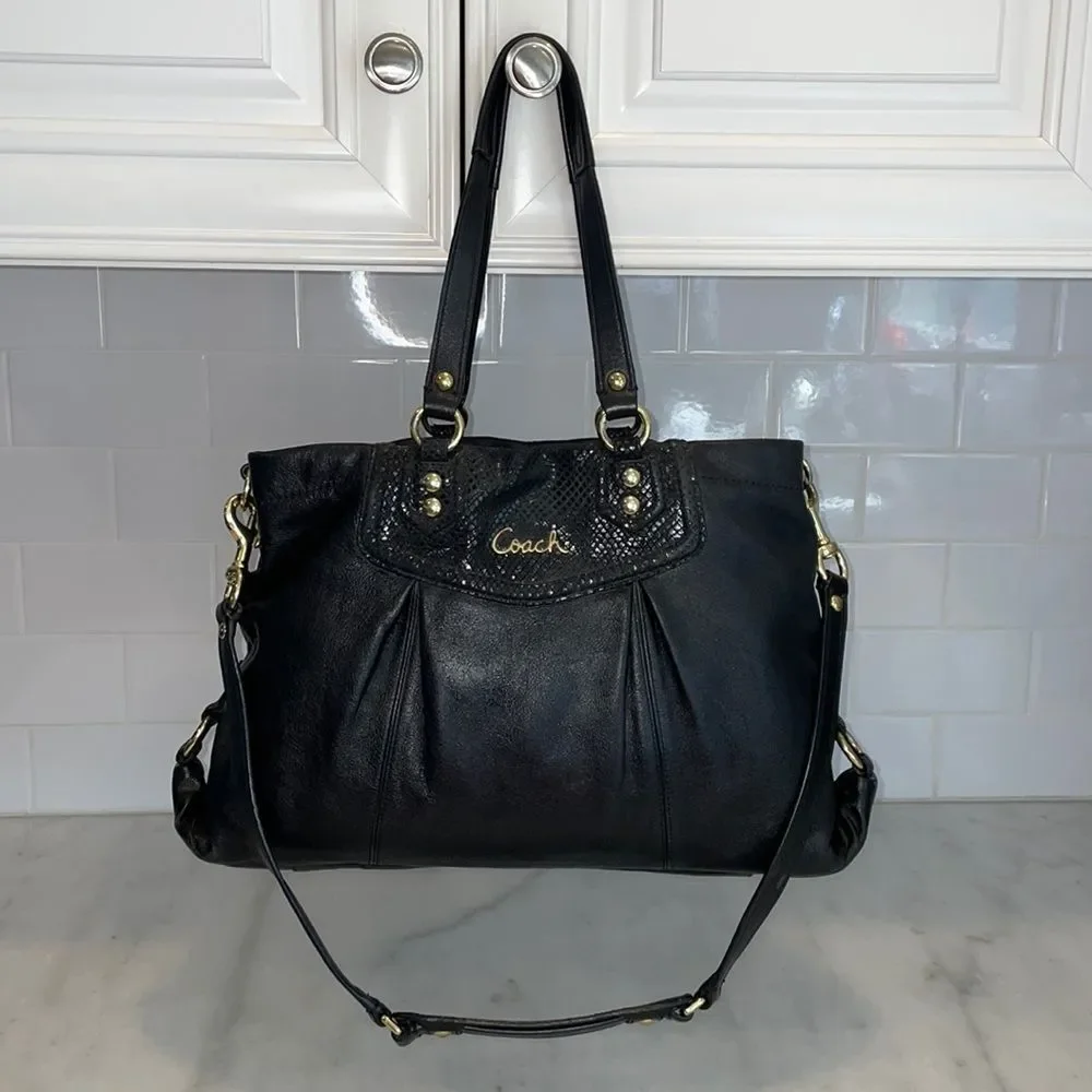#1 Coach Ashley Black Leather Carry All Satchel Bag
